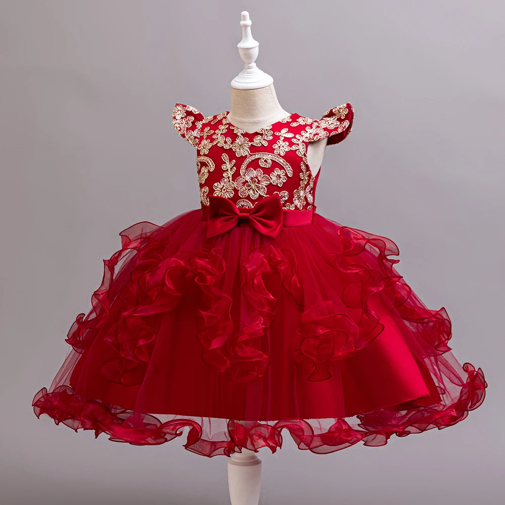 Girls' Embroidered Wedding Dress, Princess Stage Performance Gown with Sequin Bow, Short Sleeve, Regular Fit, All-Season, Party 3