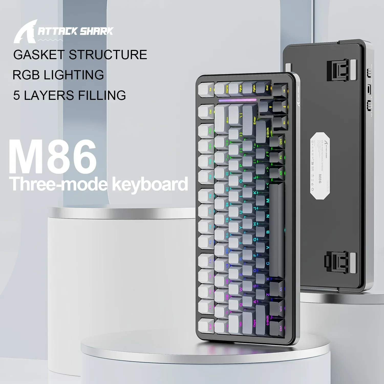 

Беспроводная механическая клавиатура Attack Shark M86, трехрежимная прокладка RGB, индивидуальная игровая клавиатура с возможностью горячей замены WINDOES/MACOS/LINUX