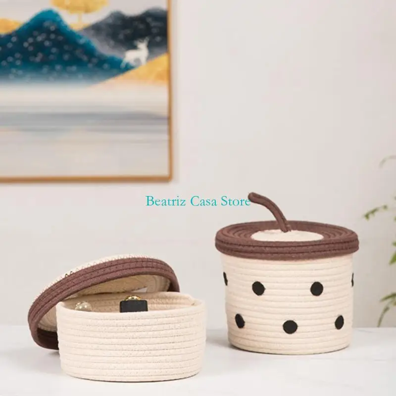 

Handwoven Cotton Rope Storage Basket With Lid Dopamine Color Sundries KXRE