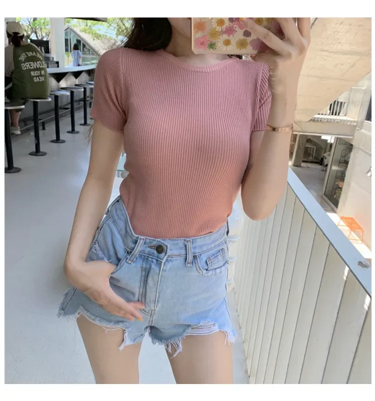 2024 Cassy Knotted Tops 40-60kg Dropshipping Women O Neck Solid Short Sleeve Knitted Sexy Slim T-Shirt Summer Knitted Blouse