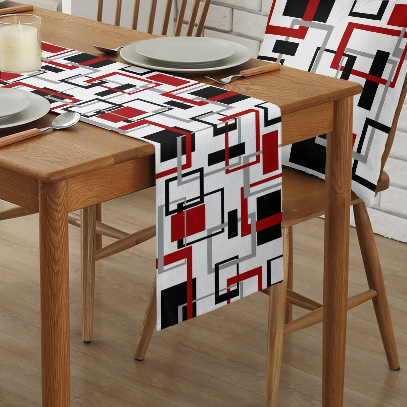 Abstract Geometry Squares Modern Art Black Red Linen Table Runners Kitchen Table Decoration Dining Table Wedding Party Supplies