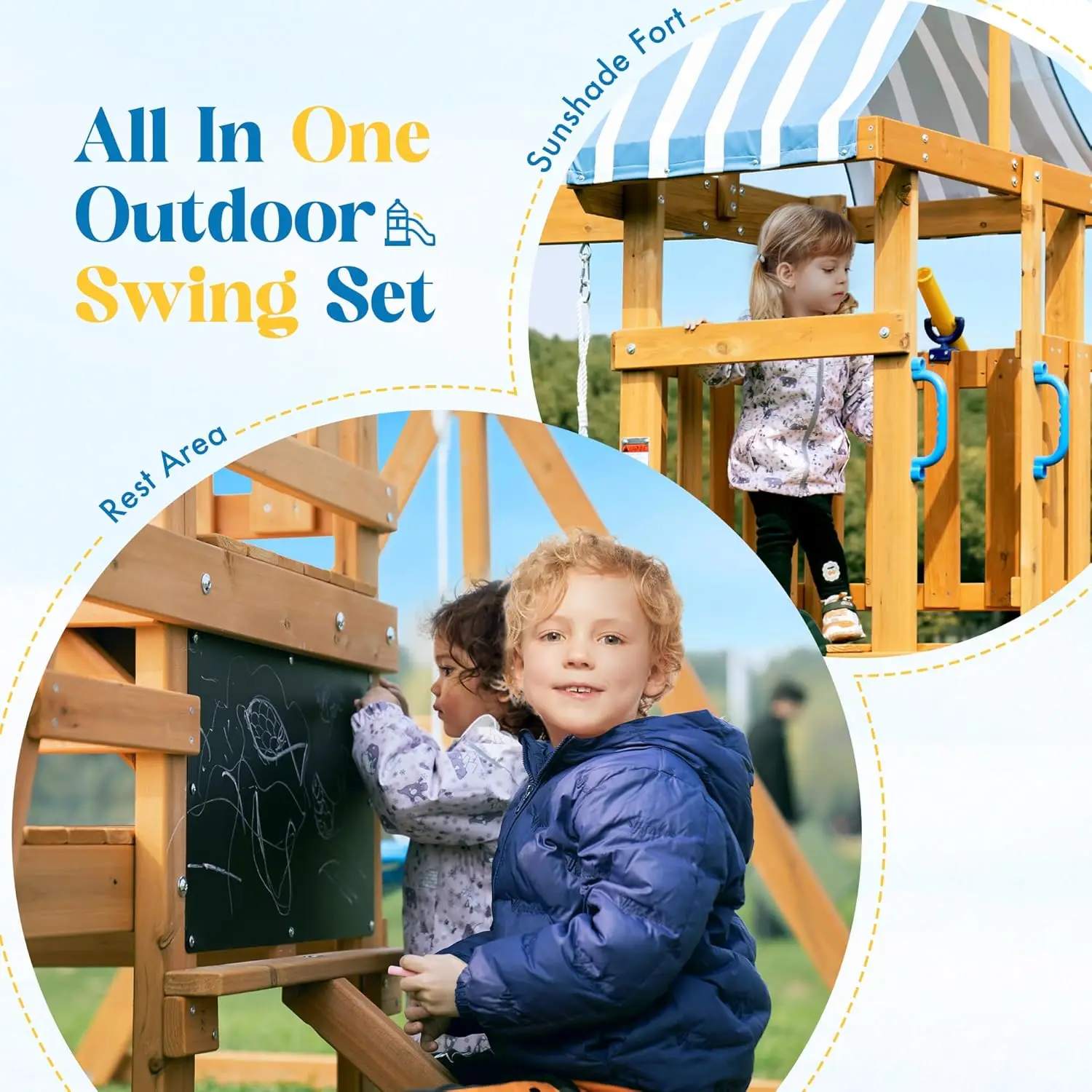 Balançoire en bois pour jardin, équipement de jeu extérieur tout-en-un pour enfants avec balançoires, toboggan, échelle de corde d'escalade, balançoire extérieure Pl