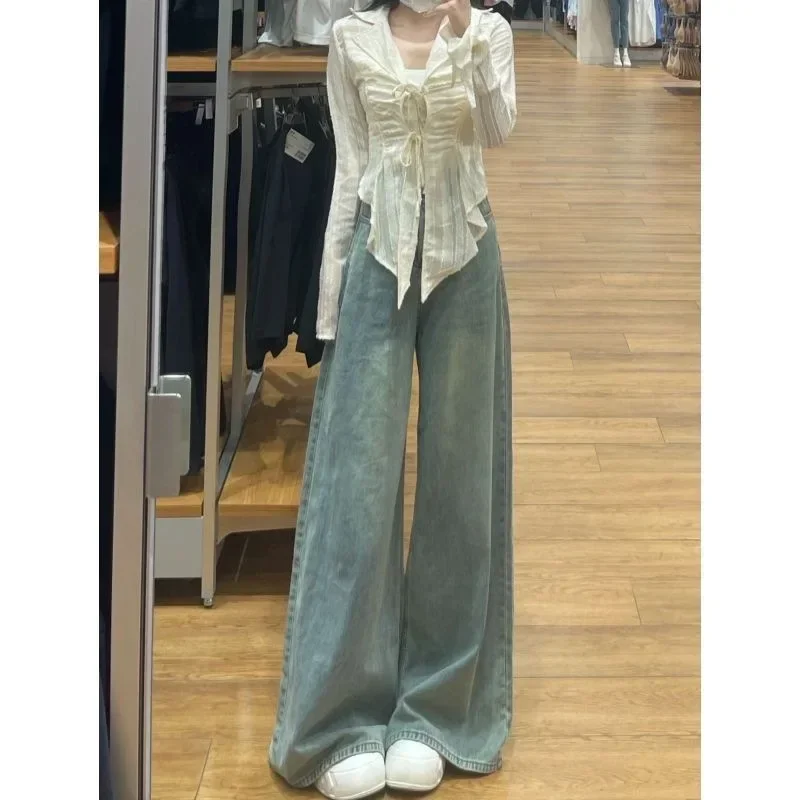 Hohe Taille Hosen für Frauen Feste Beiläufige Baggy Jeans Frauen Gewaschen Vintage Breite bein Jeans Jugendliche Weibliche Hosen Streetwear y2k