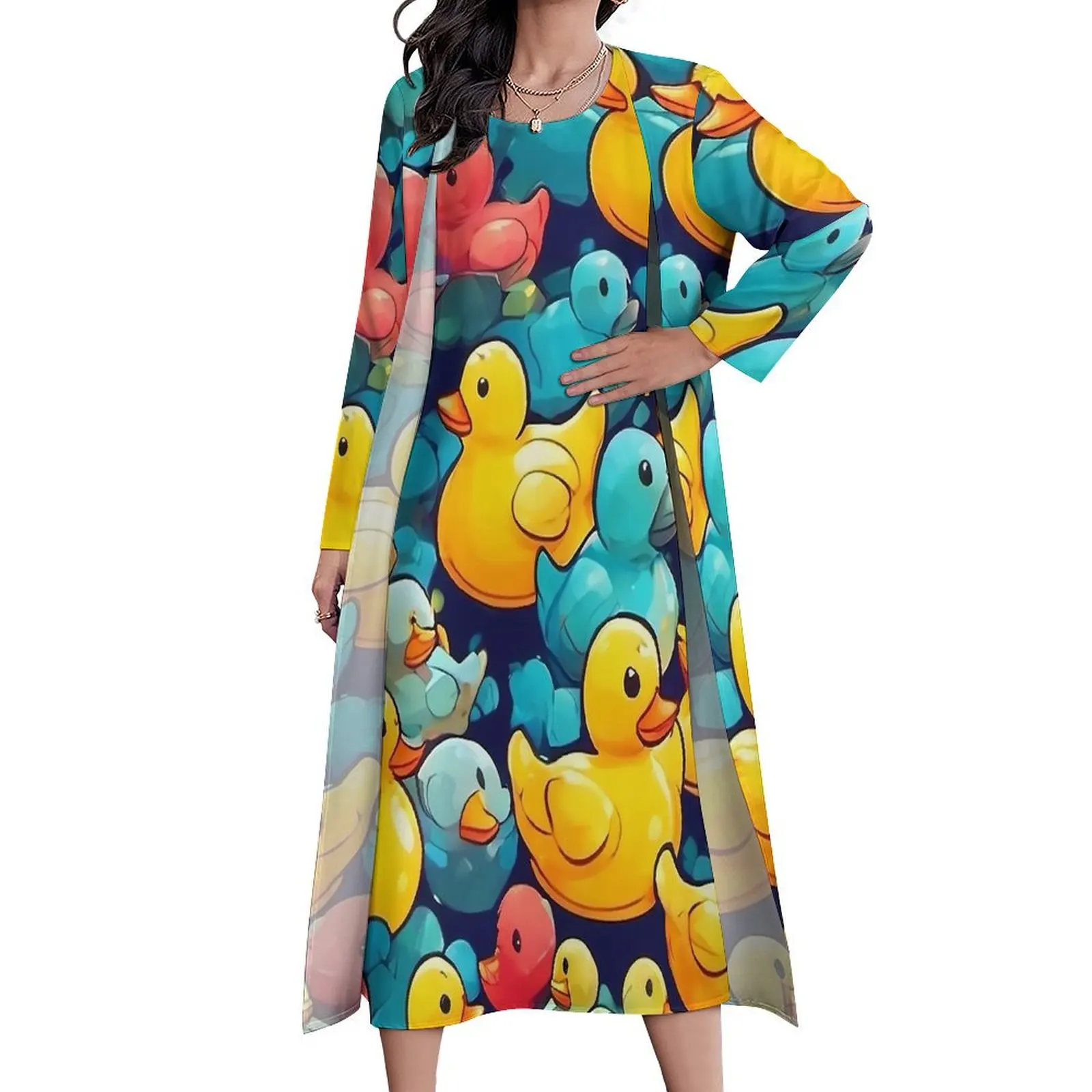 Rubber Ducks Dress Bath Duck Cartoon Kawaii Maxi Dress Street Fashion Bohemia Long Dresses Women Two Piece Oversized Clothing