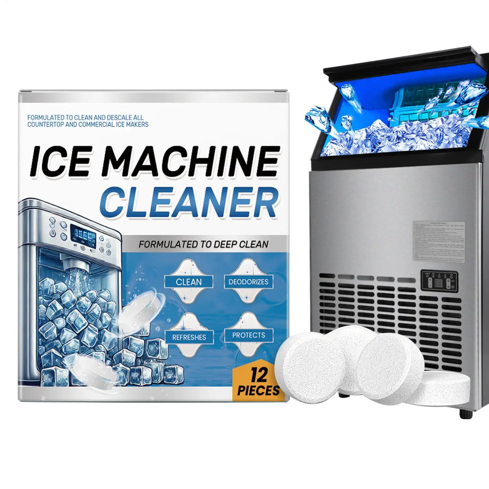 Tabletas limpiadoras para máquinas de hielo, limpieza profunda, eliminación de suciedad y olores, para encimeras, uso comercial y doméstico, 12 Uds.