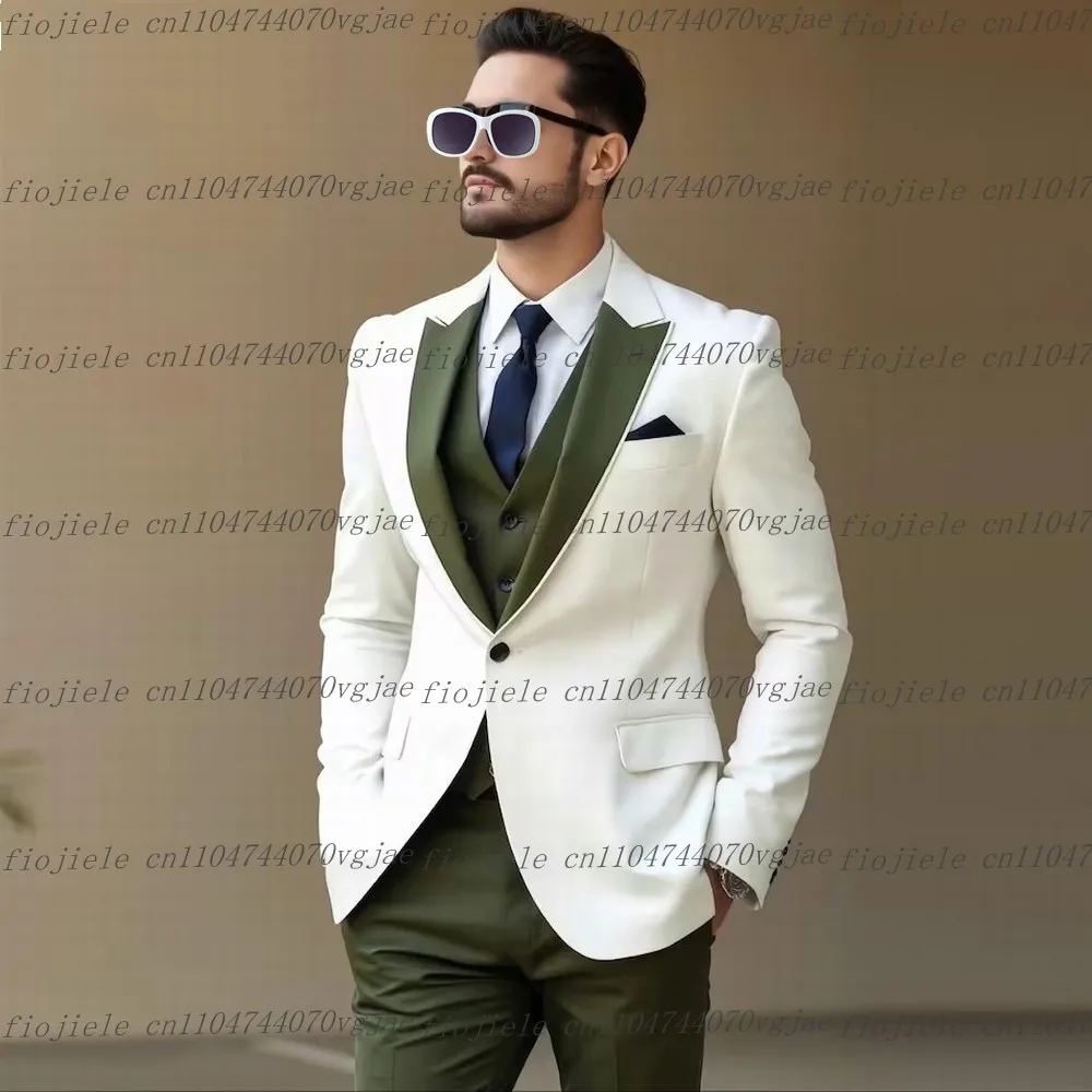 

White And Army Green Men Suit Formal Wedding Party Groom Groomsman Business Male Tuxedos Customize 3 Piece Set Jacket Vest Pants