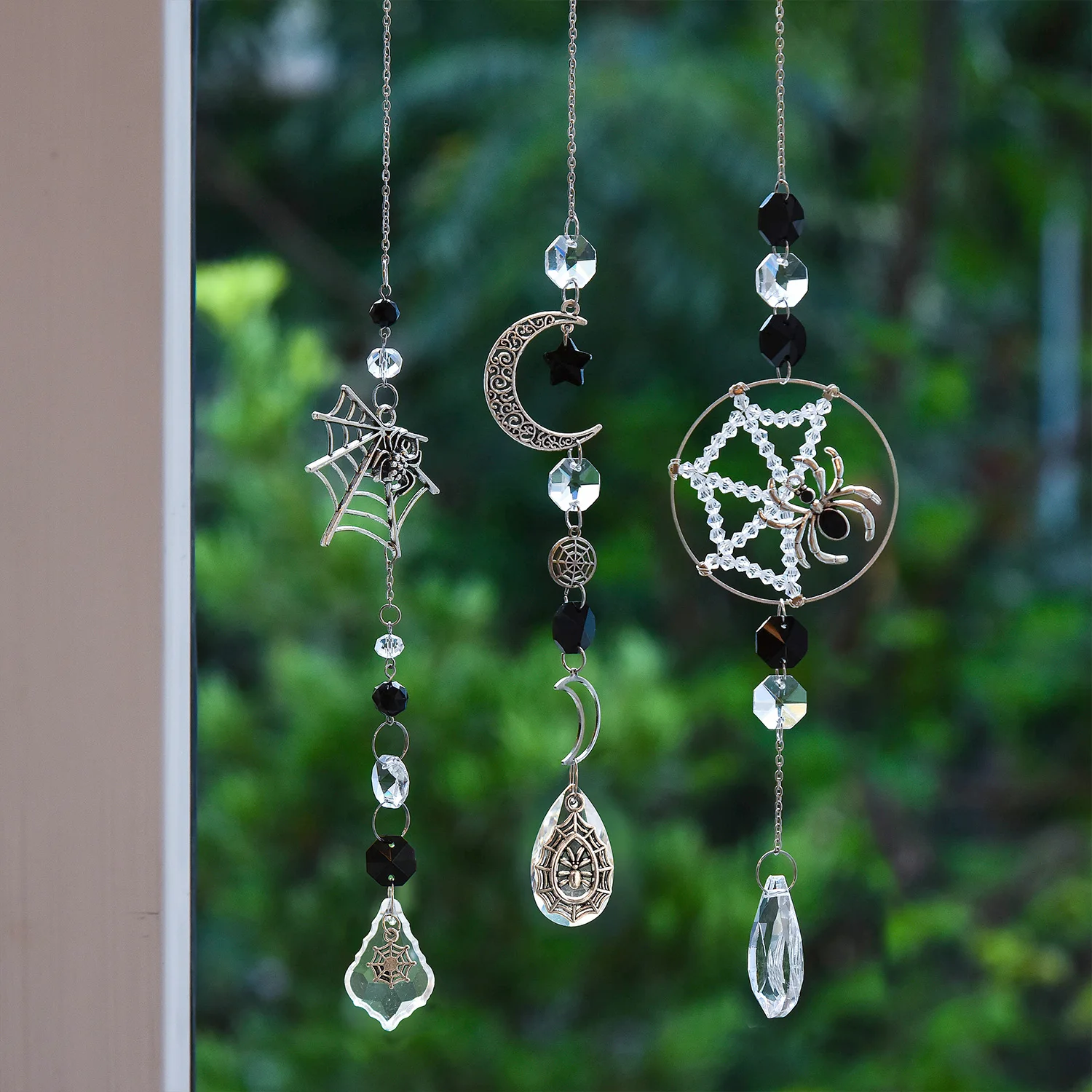 Picture 4: 3pcs Spider Web Wall Mounted Wind Chime with Crystal Home and Garden Decor Gothic Halloween Horror Spider Web Decoration