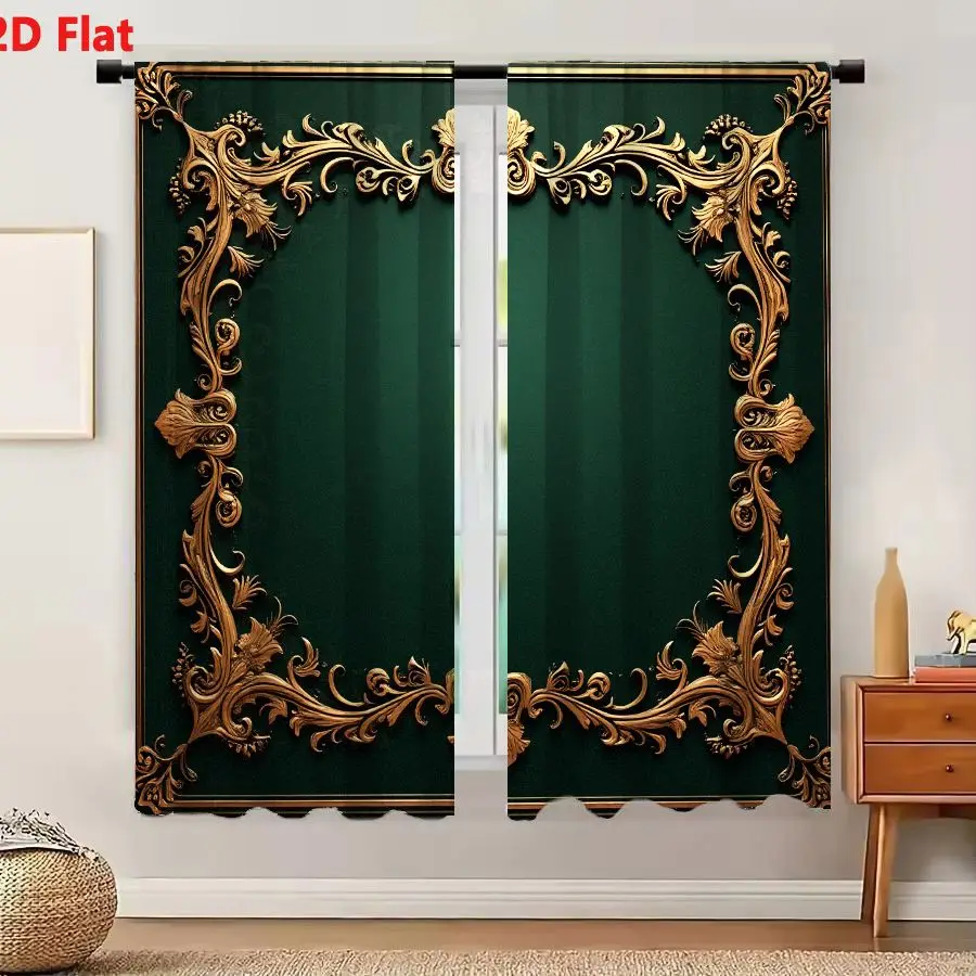 2Pcs Curtains 2D Flat Square Ornate Gold Baroque Frame With Acanthus Leaves And Floral Motifs On Emerald Green Background Window