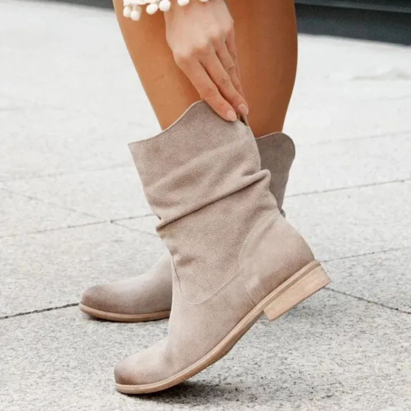 Low Heels Suede Solid Color Patchwork Round Toe V Cut Slouch Ankle Boots