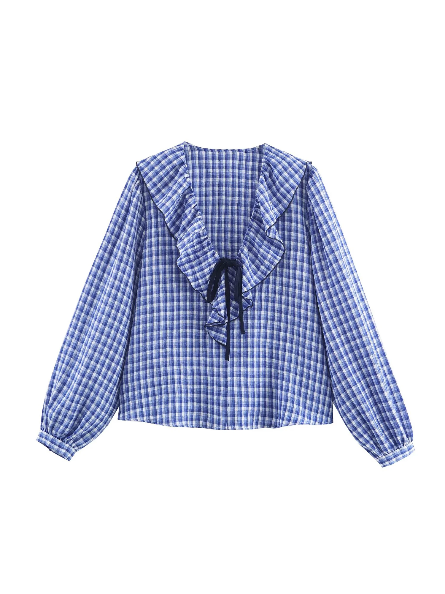 

Женские синие клетчатые рубашки с бантом, блузки Y2k 2000-х годов, эстетичная винтажная элегантная рубашка с длинным рукавом и v-образным вырезом, модная одежда, осень-весна