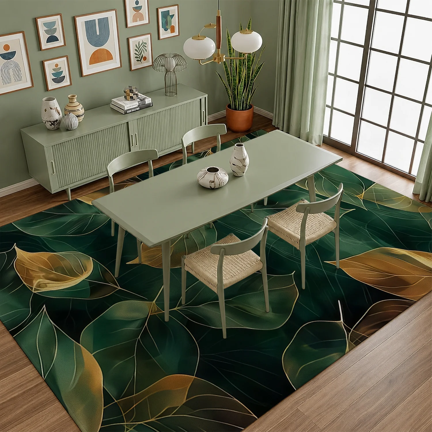 Large Indoor Area Rug, Soft Velvet Low Pile with Non-slip Dotted Backing, Machine Washable Emerald Green Gold Leaf Pattern Area Rug for Living Room Bedroom Home Decor