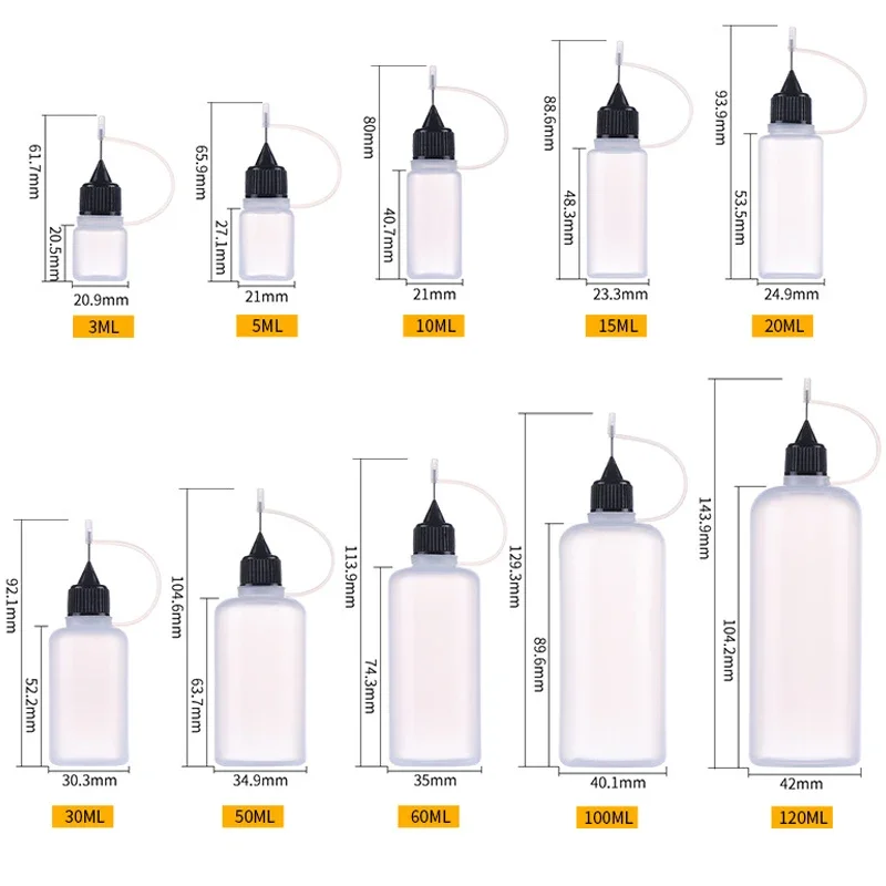 Garrafas plásticas com agulha espremível, 10 peças, 3ml-120ml, conta-gotas de líquido para os olhos, latas de cola, aplicador de tinta, recipientes