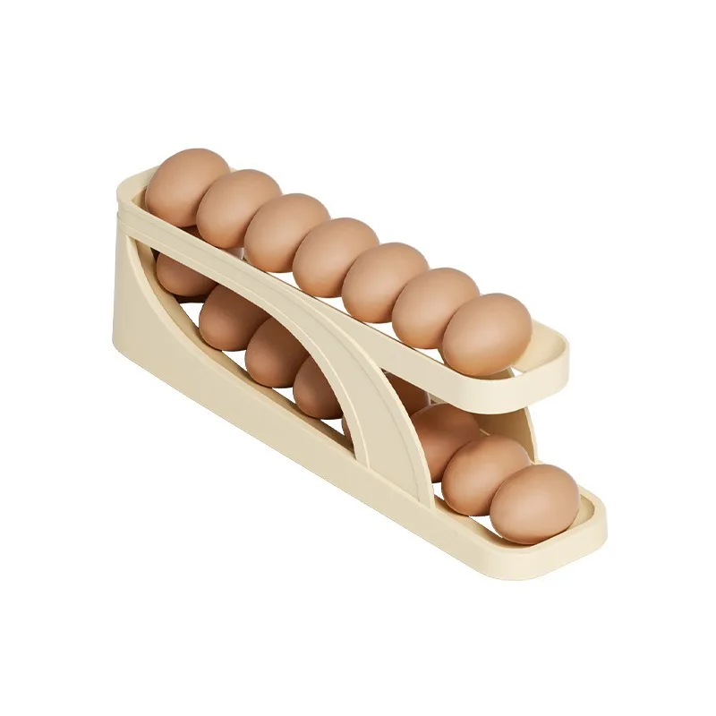 2026 2-Tier Auto Rolling Egg Dispenser, Refrigerator Slide Egg Holder, Space-Saving Anti-Fall Egg Storage Rack for Kitchen