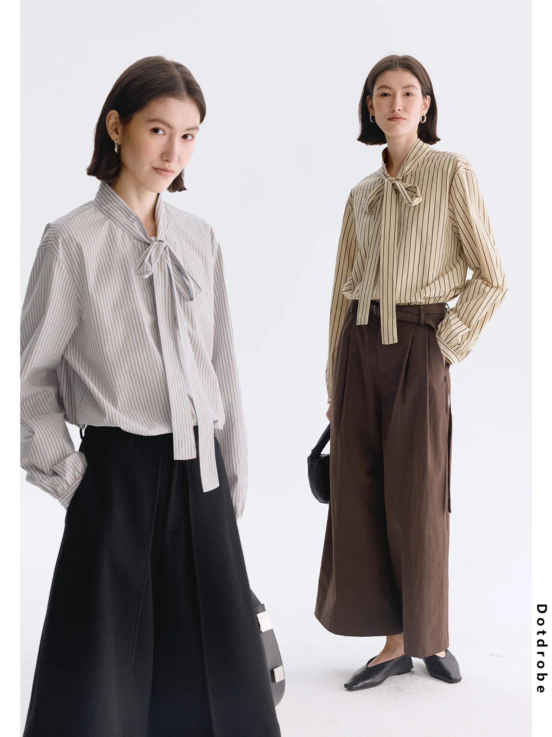 

DotDrobe Women's Striped irt with Lantern Sve Stand Collar Sa Early Spring Commute Layering Loose Fit Cotton Blend