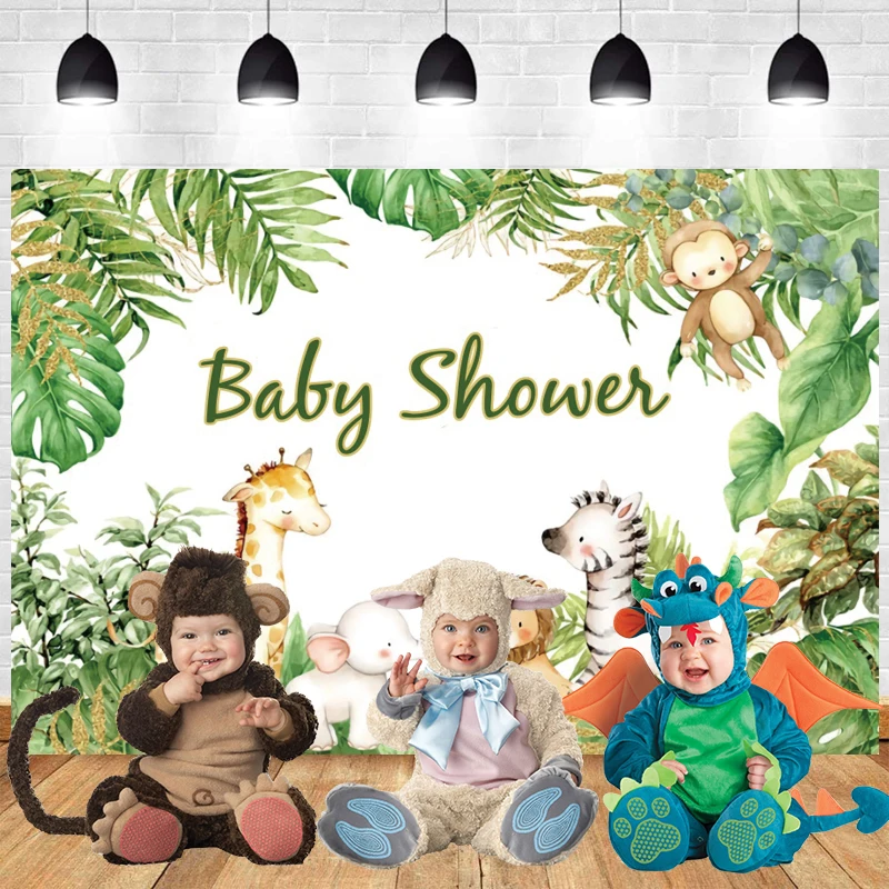 

Baby Shower Photo Backdrop Jungle Safari Animals Happy Birthday 1st Newborn Party Decor Tropical Wildlife Photography Background