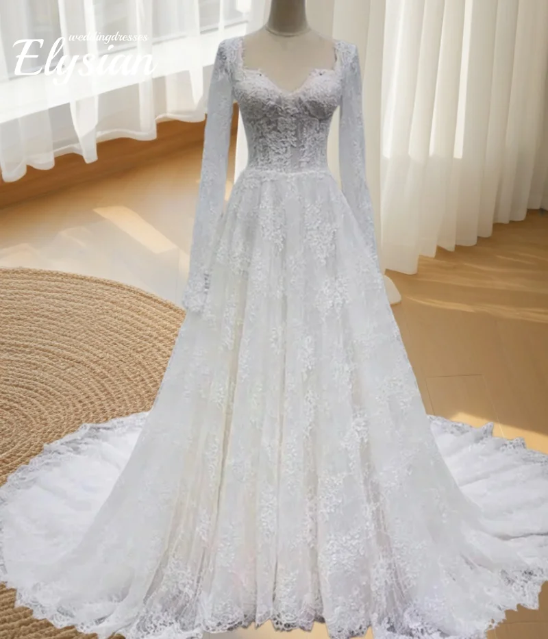 Maßgeschneidertes neuestes Hochzeitskleid A-Linie, elegante Spitze, volle Ärmel, herzförmiger Ausschnitt, Brautkleid, Vestidos De Novias2026