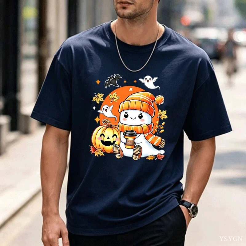 Halloween Shirt,Ghost Pumpkin T-Shirts,Ghost Coffee Tshirts,Spooky Season Tee Tops,Halloween Party Family Men T-Shirts Gifts