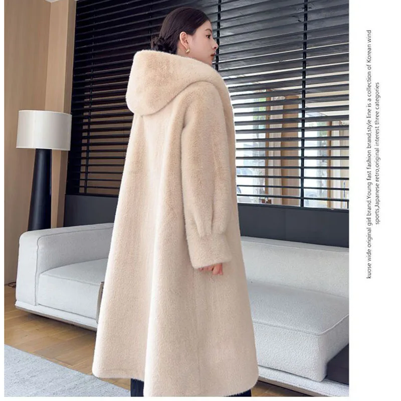 High End Fashion Hooded Long Fur Jacket For Women Winter Thicken Warm Imitation Mink Fur Overcoat Female Loose Faux Fur Coat