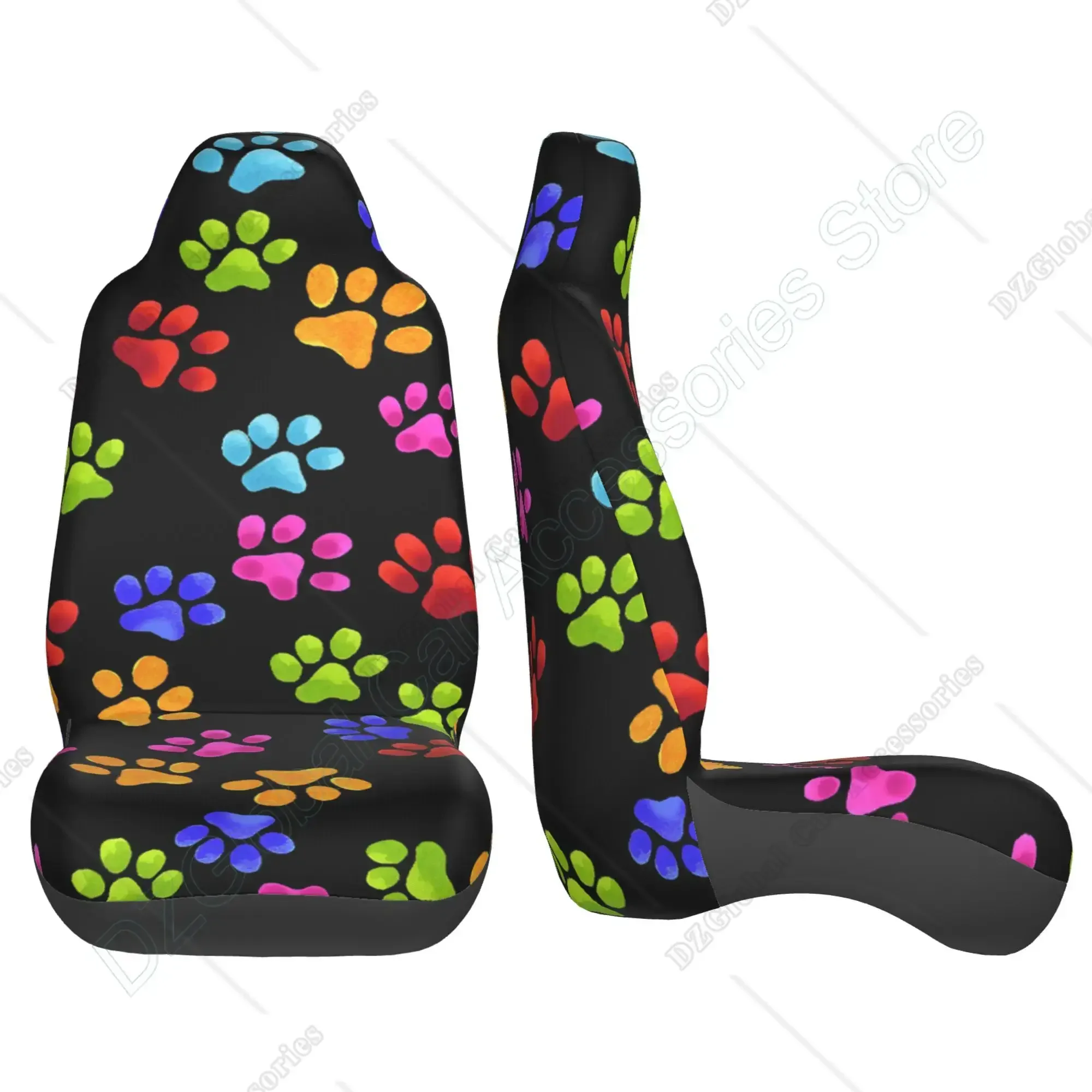 Kolorowe Dog Paw Print pokrowce na siedzenia dla kobiet pokrowce na przednie siedzenia czechy Design wnętrze samochodu zestaw ochraniaczy 2 uniwersalne — zdjęcie 4