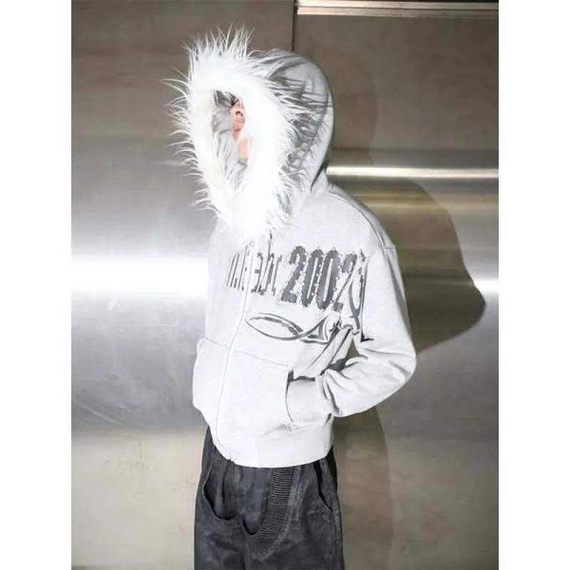 เสื้อแจ็คเก็ตมีฮู้ดคอขนสัตว์ทรงหลวมสไตล์ยุโรปและอเมริกา ย้อนยุค สตรีทแฟชั่น Y2K