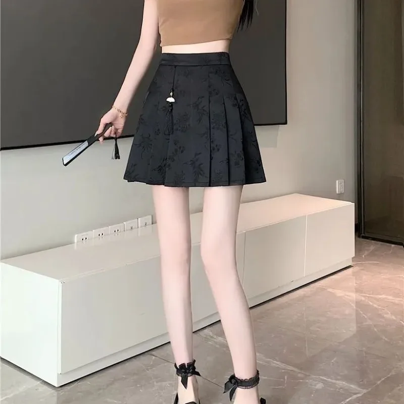 Dernières jupes d'été en Jacquard de Style traditionnel chinois pour femmes, taille haute, Slim plissée, grande taille, robes courtes