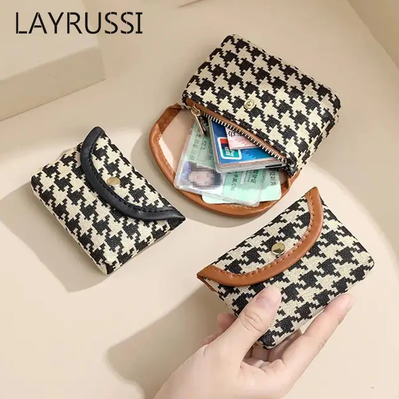 LAYRUSSI Retro Houndstooth Coin Purse Anti Magnetic Card Pouch Women Short Coin Wallet Multi Card Holder Driver's License Purse