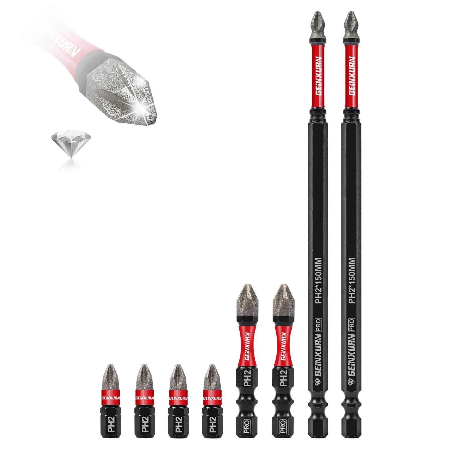 Geinxurn 1/2/6 Zoll Diamant PH2 Bit-Set mit Halter, S2 Stahl Werkzeugkoffer, für Autoreparatur und Heimgebrauch