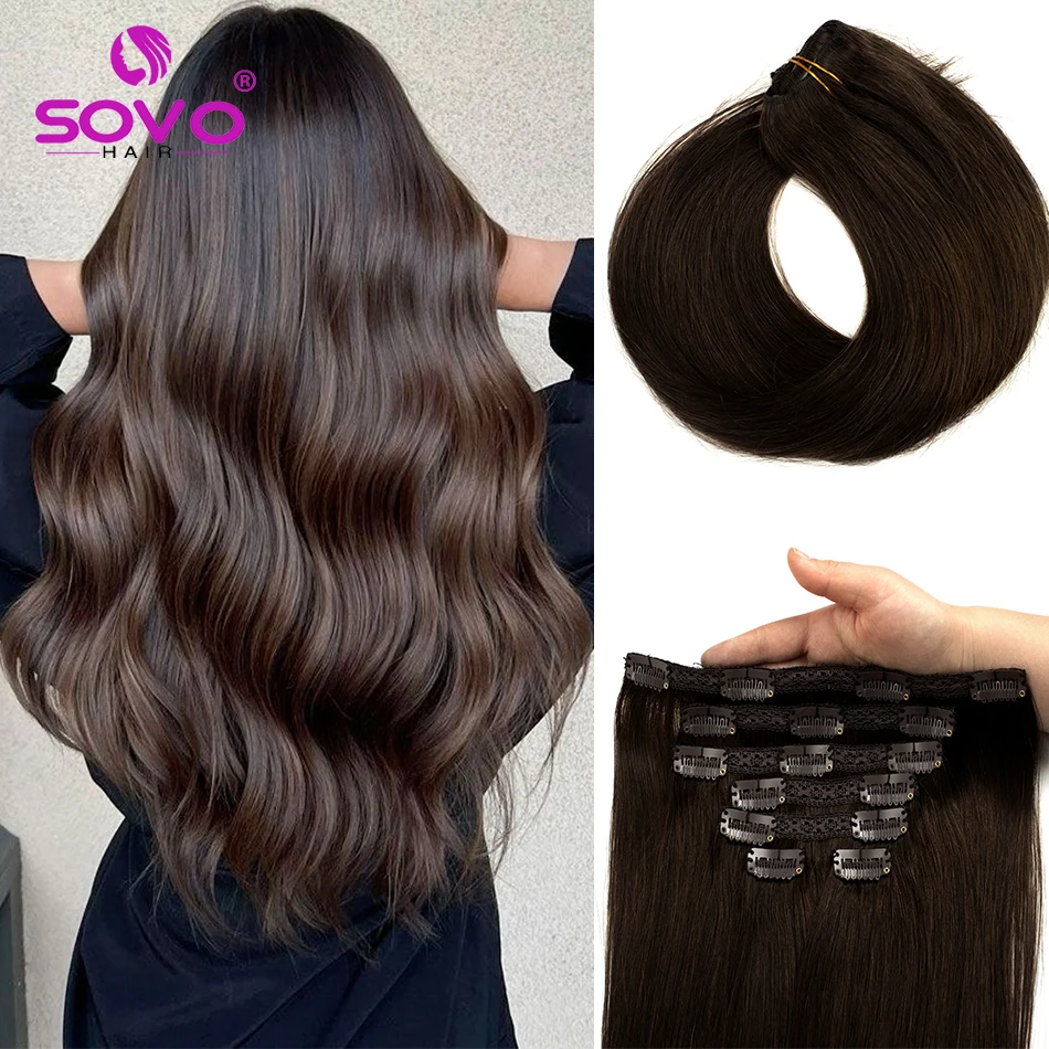 Clip In Hair Extension 100% Remy Human Hair Dark Brown Clip-On HairPiece Full Head 14-28 Inch For Salon Supply 100-200Grams