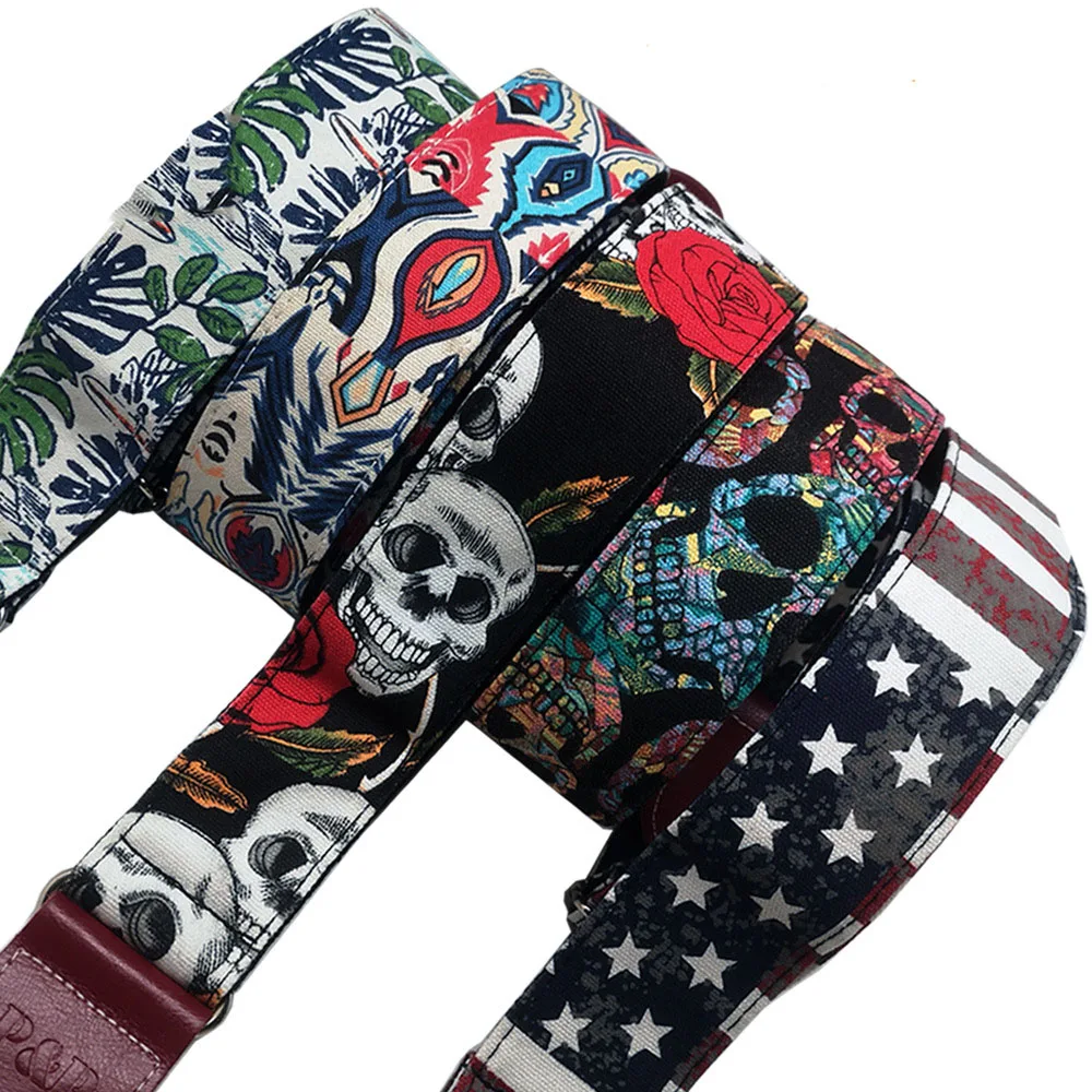 Printed Denim Cotton Guitar Strap for Acoustic Electric Guitar and Bass Adjustable Denim Printed Guitar Belt Genuine Leather