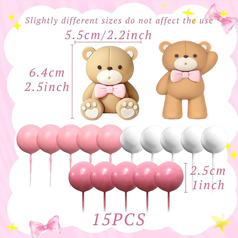 17pcs Pink Bear Cake Decorations Cute Bear Pink White Foam Balls Cake Topper Set Baby Shower Girl Birthday Party Cupcake Supplie