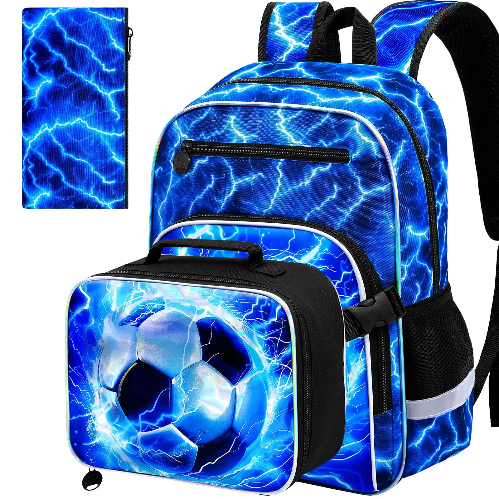 

Набор из 3 школьных рюкзаков для мальчиков: футбольный рюкзак с сумкой для обеда на застежке, для начальной школы - Lightning Soccer Blue