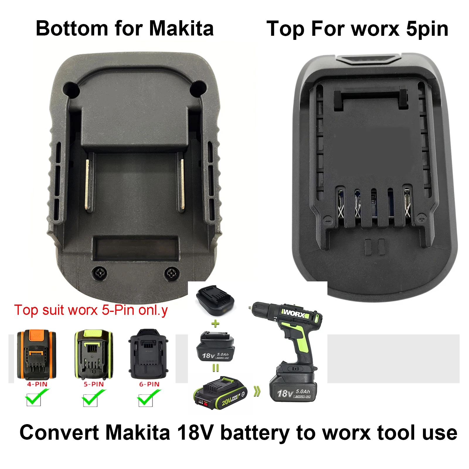 Imagem -05 - Bateria da Ferramenta Worx20v Max Adaptador 4pin 5pin 6pin Apto para Makita Dewalt Milwaukee Bosch 18v 20v