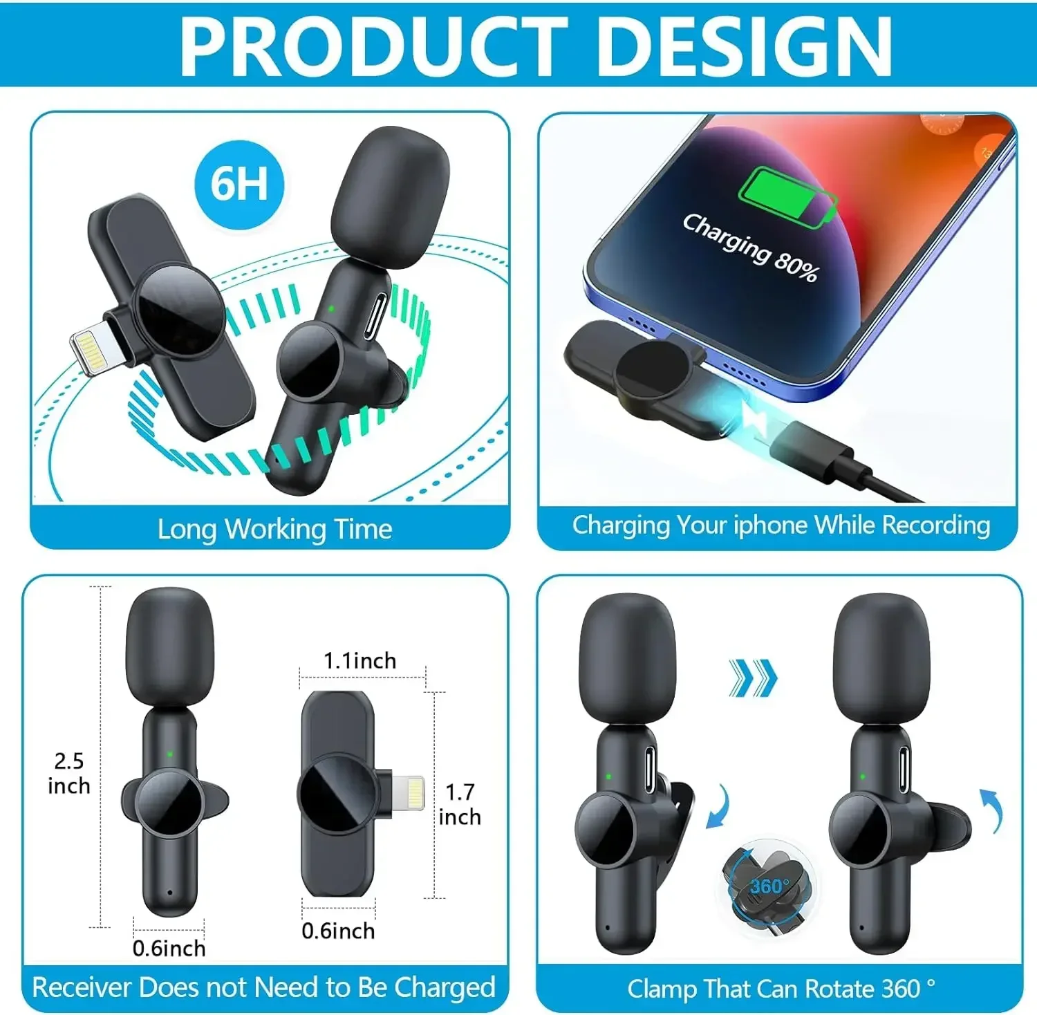 iPhone iPad 용 무선 라 발리에 마이크 Android 전문 비디오 녹화 인터뷰 용 미니 소음 차단 마이크