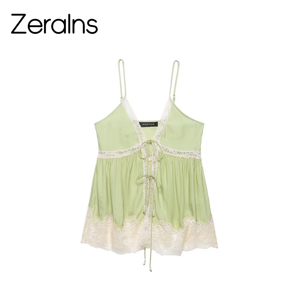 ZERAINS Women's 2026 new summer outfit European and American style slim fit V-neck vest lace camisole top for outdoor wear