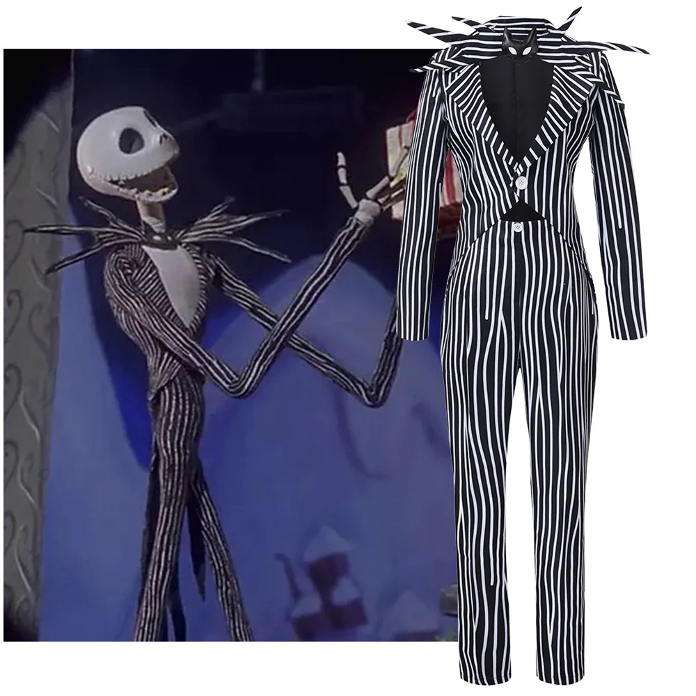 Jack Skelington Cosplay Costume for Men Women Striped Top Pant Outfit Halloween Party Uniform Suit