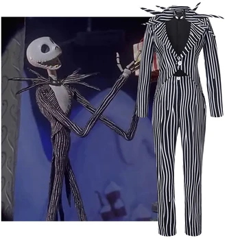 Jack Skellington Cosplay Kostüm Erkekler Kadınlar için Çizgili Üst Pantolon Kıyafet Cadılar Bayramı Partisi Üniforma Takım Elbise