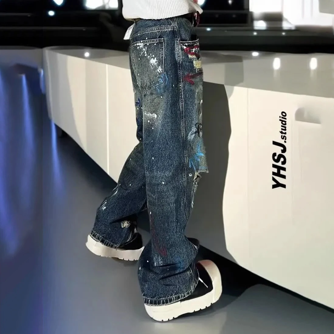 Mens Jeans Washed Letters Graffiti Hole Casual Pants Summer Streetwear Fashion All-Match Straight Pants Men'S Clothing 2025 New