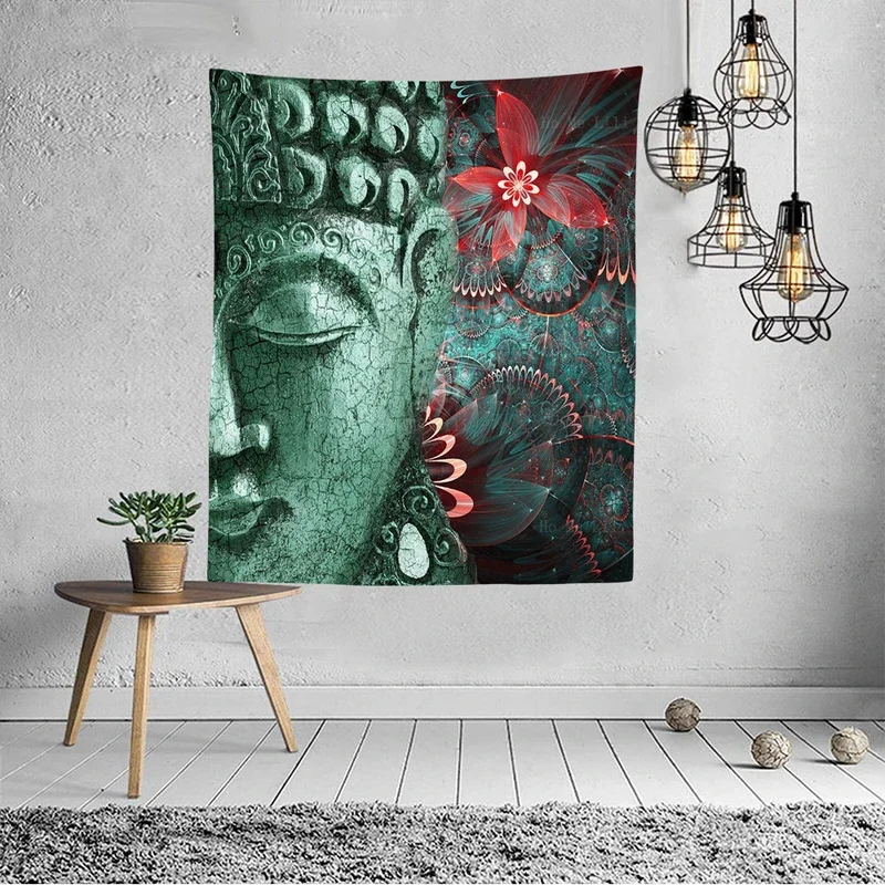 Red flower Zen tapestry with Buddhism Buddha Shakyamuni meditation Red flower Zen tapestry for Livingroom by Ho Me Lili