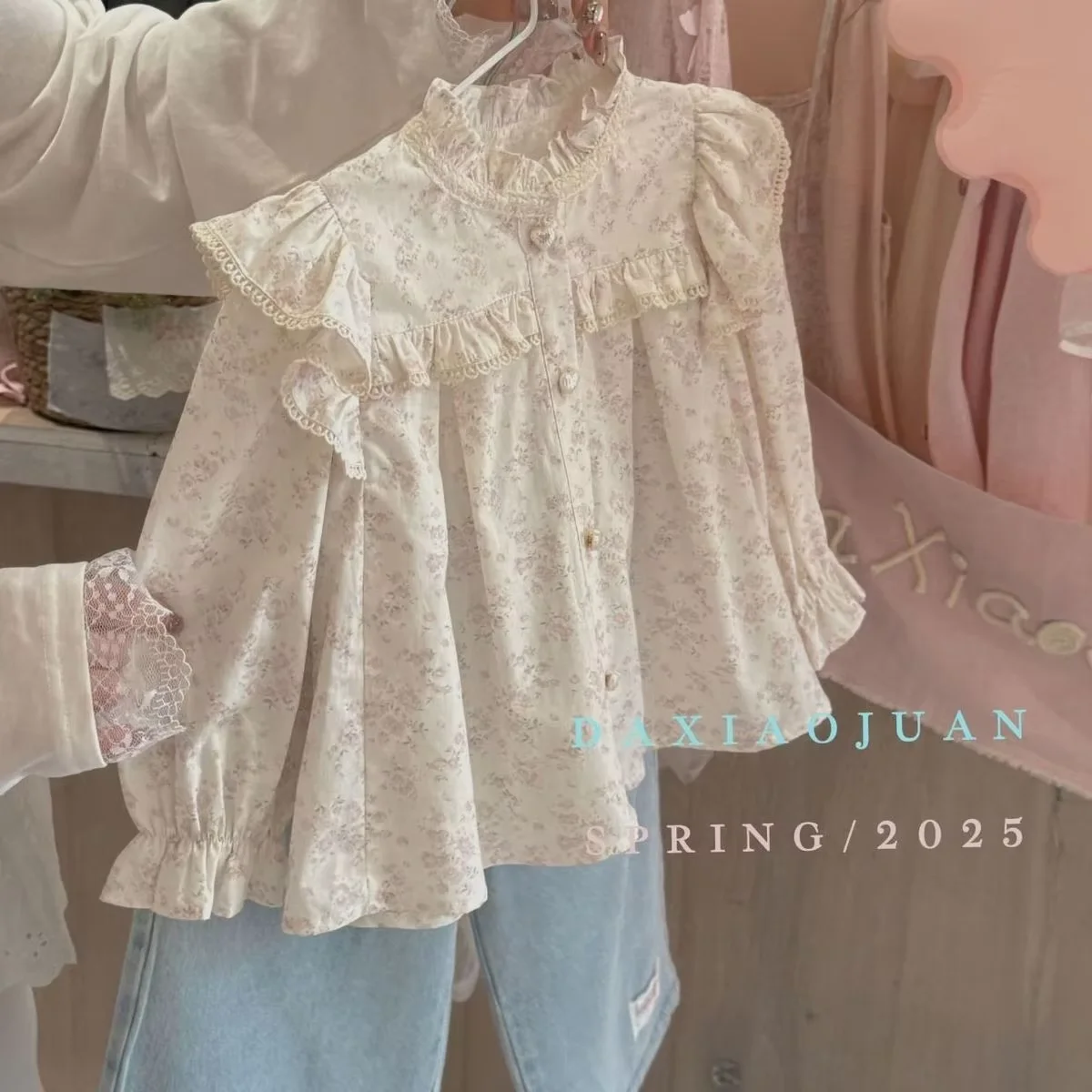 Fashion Girls Floral Shirt 2026 New Korean Style Stand Collar Long Sleeve Doll Blouse Kids Cute Princess Top Clothing