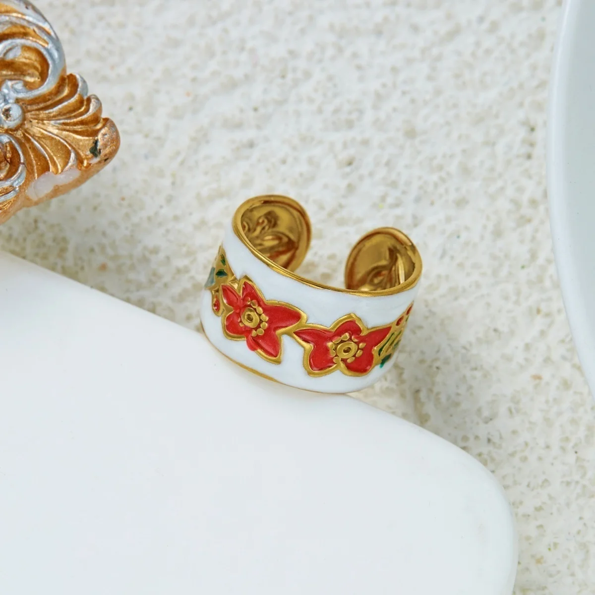Edelstahl-Sonnen-Emaille-Blumen-Weizenblatt-Simulationsperlenringe für Damen und Herren, trendige, retro-inspirierte, geometrische Breitbandringe, Schmuck – Detail 26