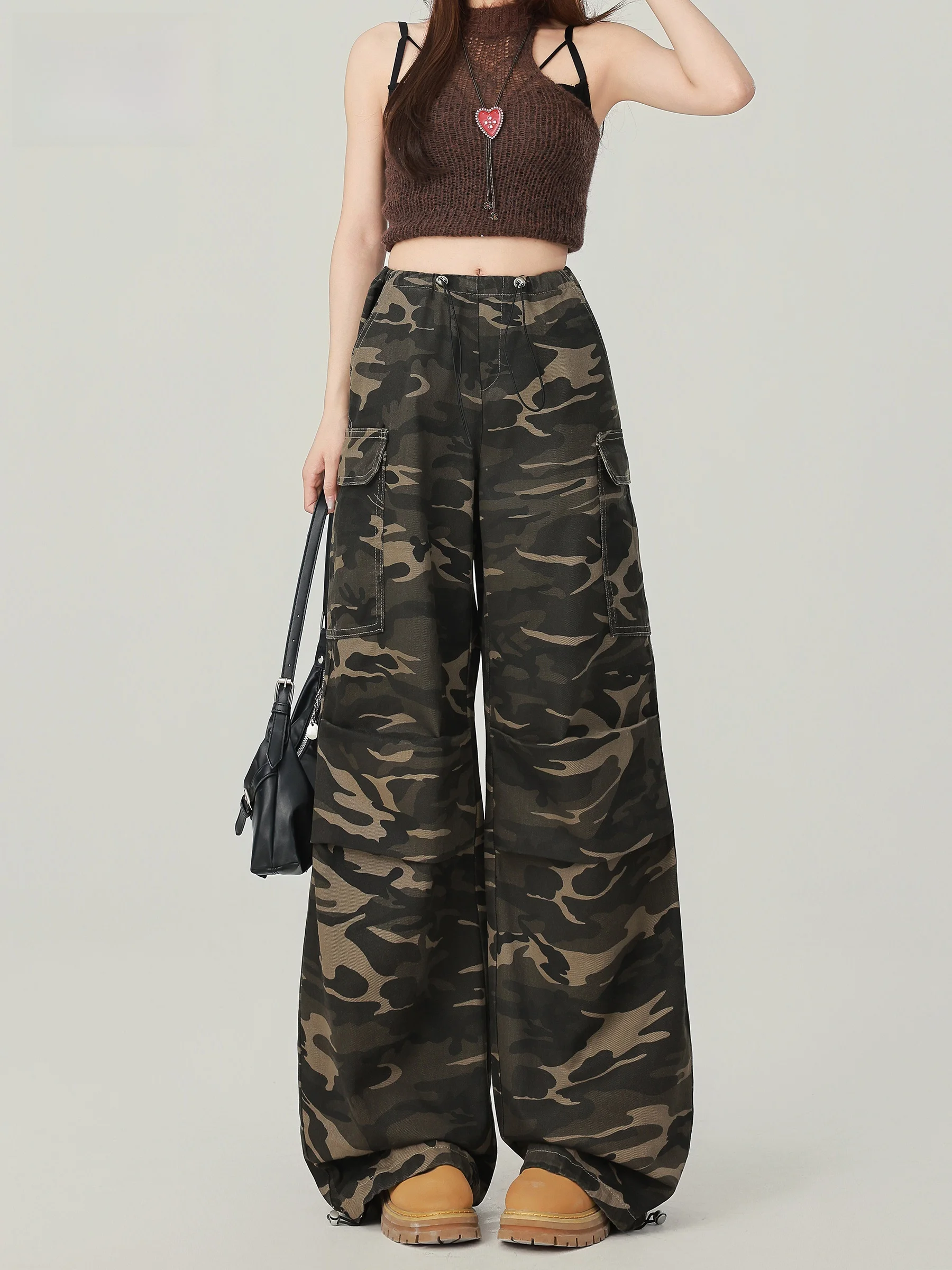 

Retro Camouflage High Waist Wide Leg Work Pants Women's Loose Slimming American Street Style Floor-Length Trousers