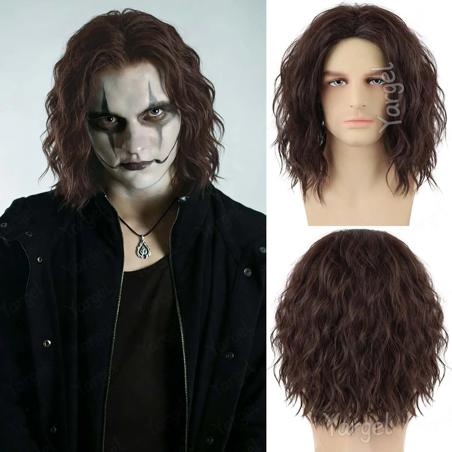 Marrón Sintético | Peluca Negra Rizada para Hombre, Estilo Años 70 y 80, Peluca Larga hasta los Hombros para Disfraces Retro, Halloween, Cosplay, Eric Draven | Peluca de Aragorn