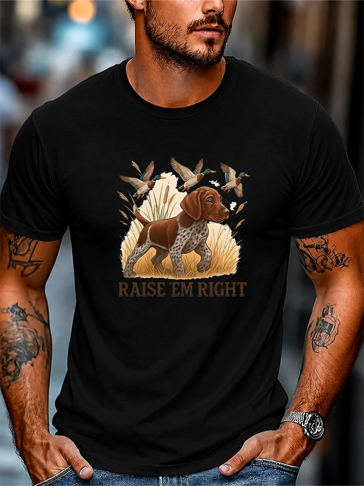 Dog Hunting Ducks Raise 'em Right Slogan T-Shirt, Everyday Wear, Printed Tee, Trendy, Western Theme, Men's Gift