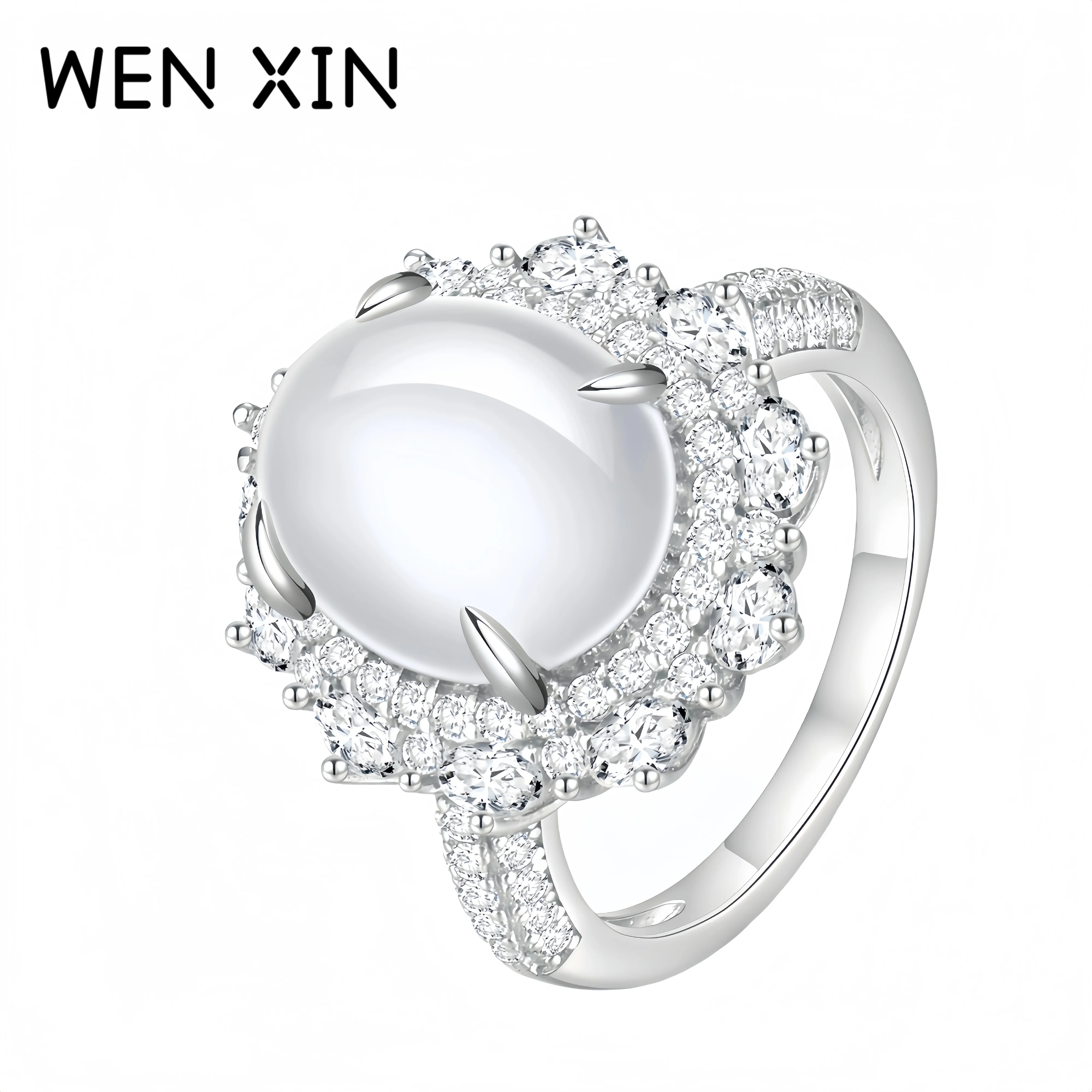 Wenxin marca feminina pombo ovo anel ag 925 prata esterlina certificado branco jade polpa diamante incrustado anel jóias finas