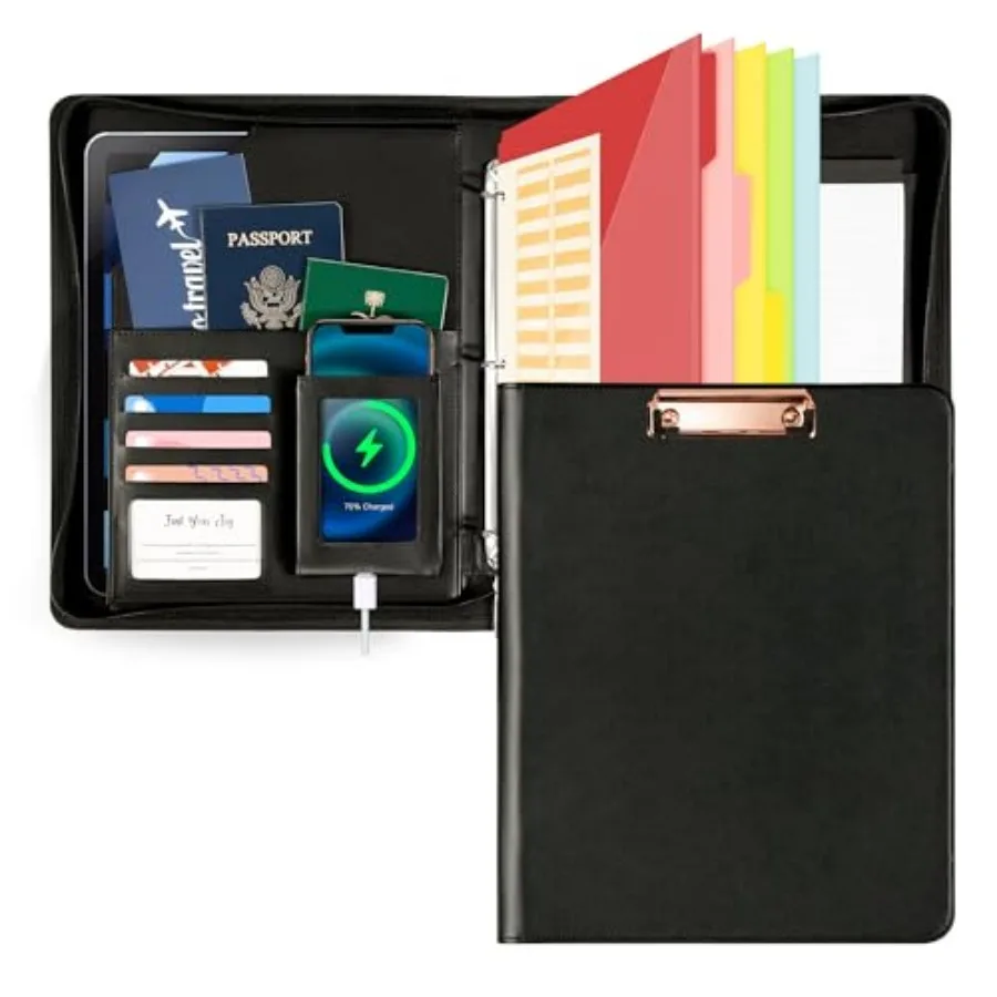 

Leather Clipboard with Storage, Zippered Padfolio Portfolio Organizer, 3 Ring Binder 1 Inch, Notepad, Tablet Sleeve, 5 Dividers
