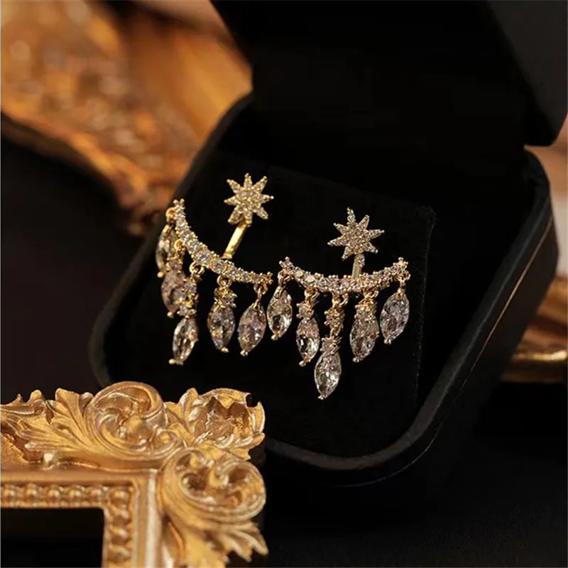 Fashion Elegant Delicate Micro Set Crystal Octagon Star Tassel Water Drop Pendant Stud Earrings Women\'s High Jewelry Party Gift