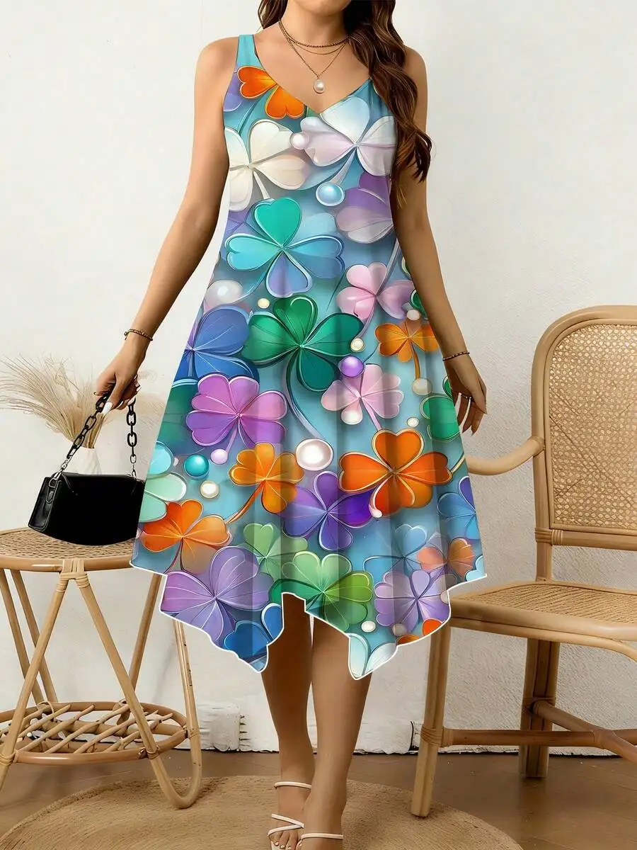 

Colorful Floral Print Women V Neck Sleeveless Dress Irregular Hem Summer Casual Wear