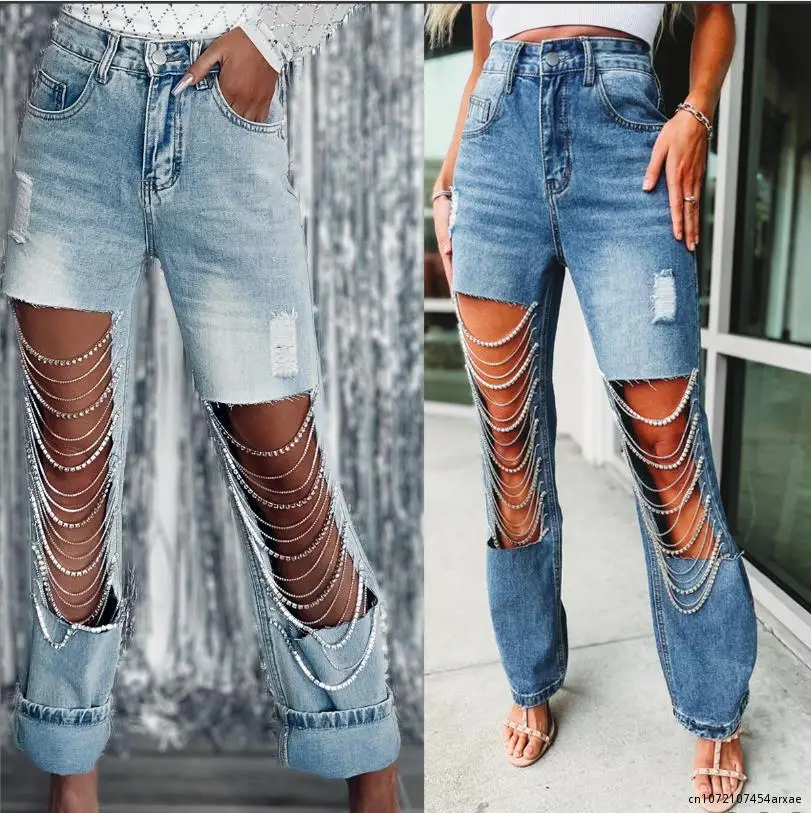 Rechte Jeans Broek Vrouwen Lente Zomer Gaten Diamond Rhinstones Effen High Street Hoge Taille Katoenen Denim Broek