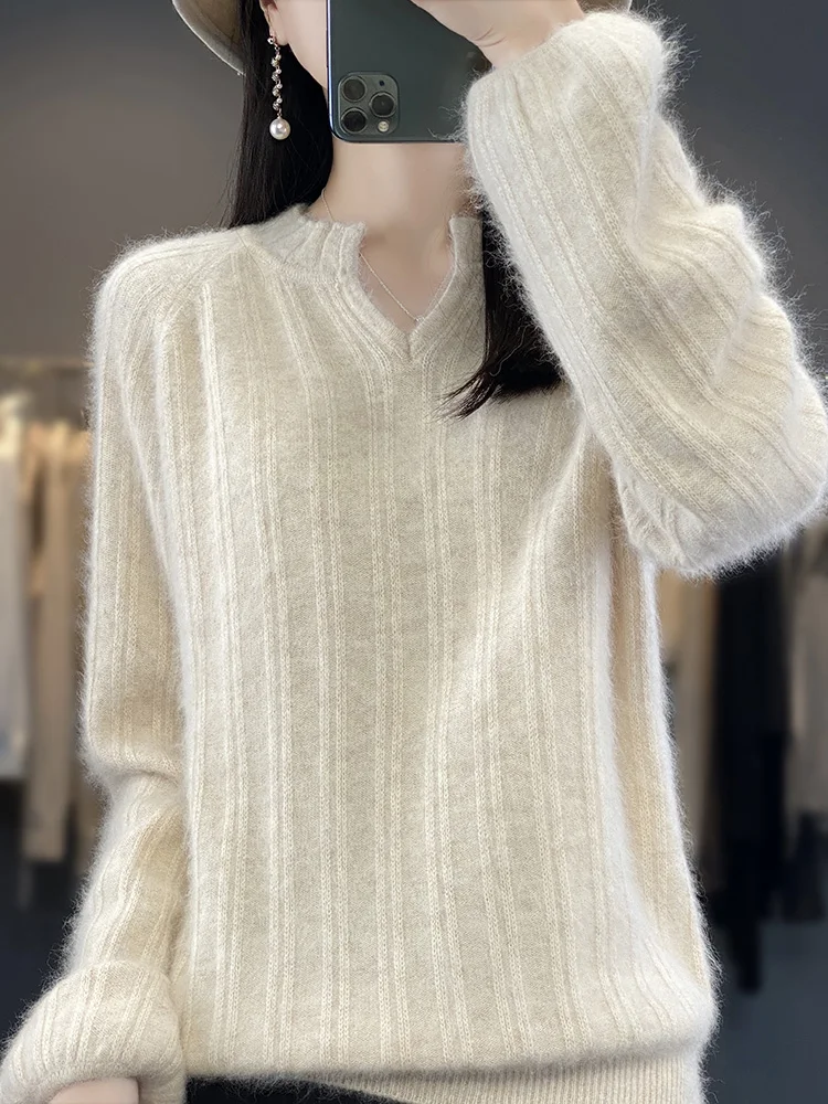 

100% Mink Cashmere Sweater Women's V-Neck Pullover Autumn Winter Knitwear Basic Loose Puff Sleeve Fashion Casual Clothing Tops