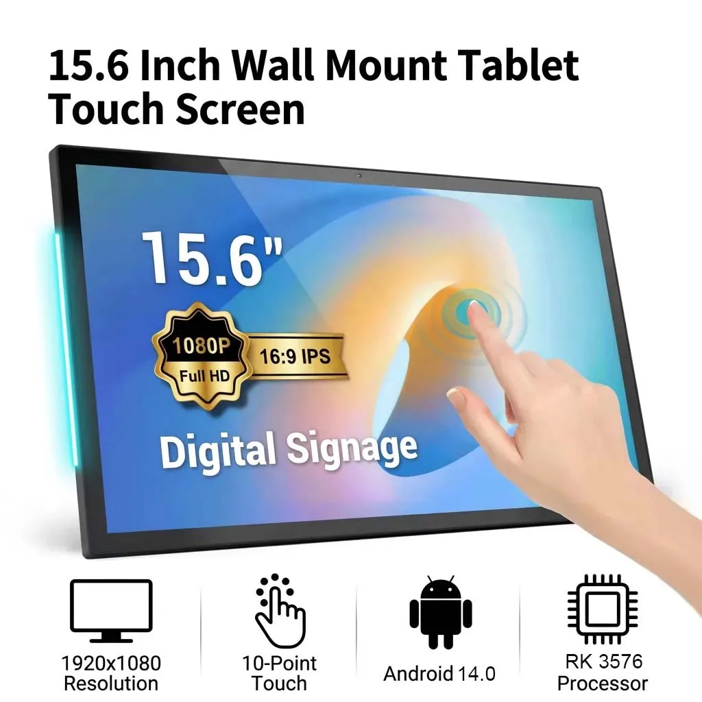 15 Inch 16:10 Wall Mount Android 14 LED Tablet 4G+32G Touch Screen with LED Light Bars, 7x24 Hours POE Smart Home Control